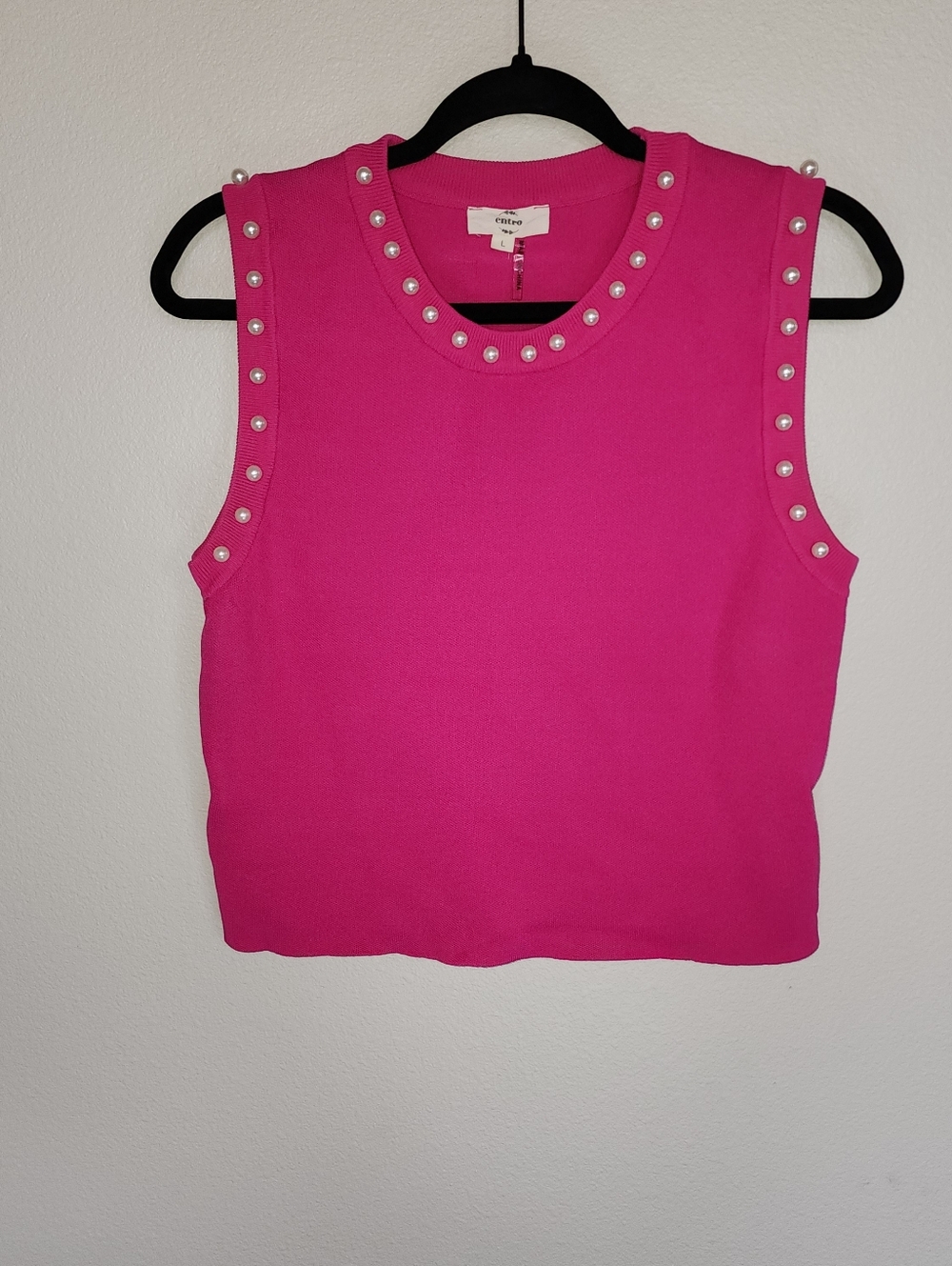 Entro Fuchsia Pearl Trim Sleeveless‎ Knit Sweater Tank Top